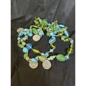 Vintage Green & Blue Glass Beaded Necklace With Dangle Coin Charms 46" Long